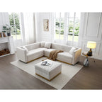 Beige Velvet Tufted L-Shaped Sectional Sofa with Ottoman and 4 Pillows