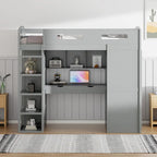Twin Size Loft Bed with Desk, Wardrobes, 4 Drawers and 4 Shelves