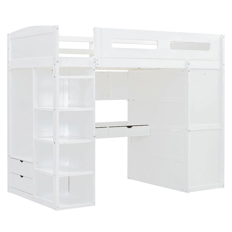 Twin Size Loft Bed with Desk, Wardrobes, 4 Drawers and 4 Shelves