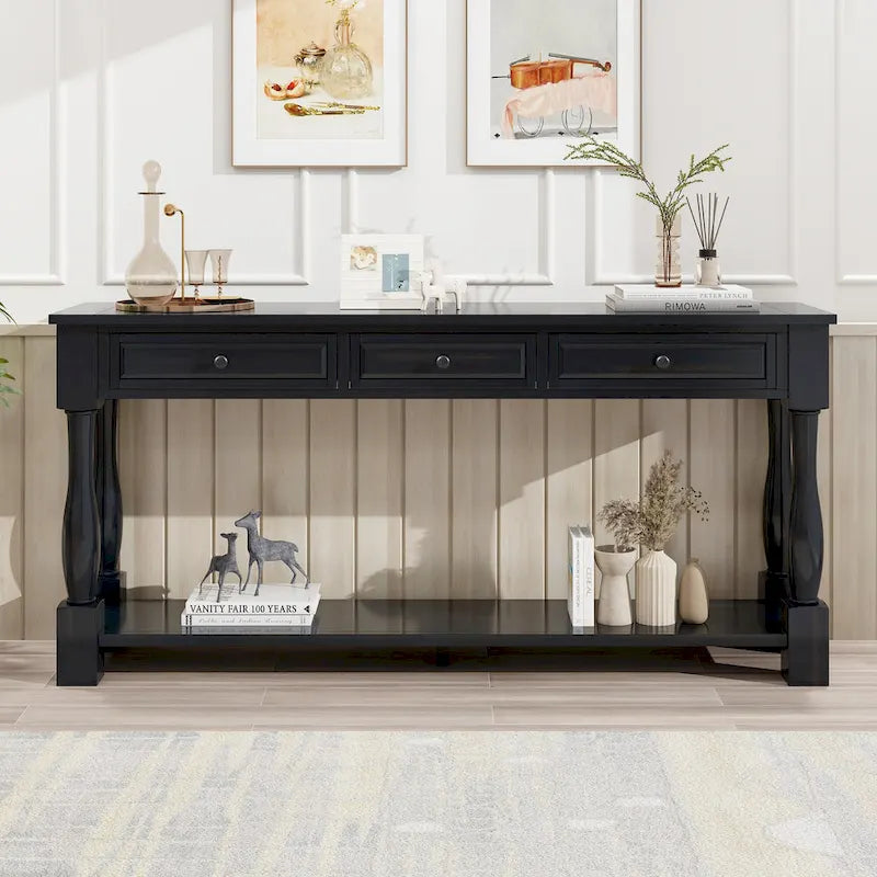 Mediterranean Console Table with 3 Storage Drawers and Open Bottom Shelf for Home Entryway and Hotel