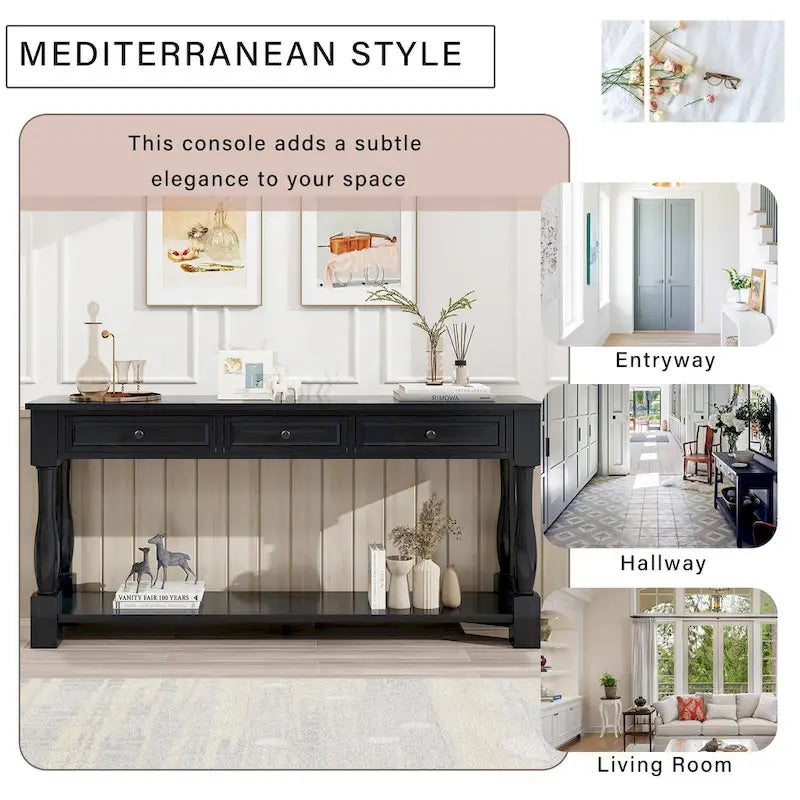Mediterranean Console Table with 3 Storage Drawers and Open Bottom Shelf for Home Entryway and Hotel