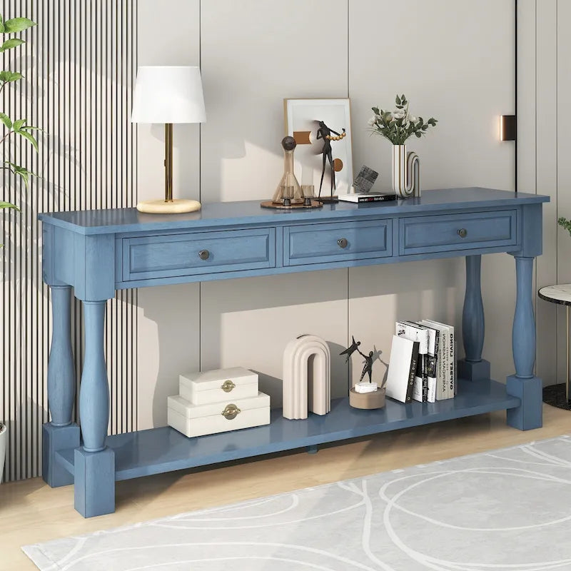 Mediterranean Console Table with 3 Storage Drawers and Open Bottom Shelf for Home Entryway and Hotel