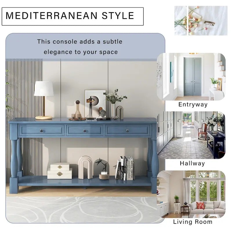 Mediterranean Console Table with 3 Storage Drawers and Open Bottom Shelf for Home Entryway and Hotel