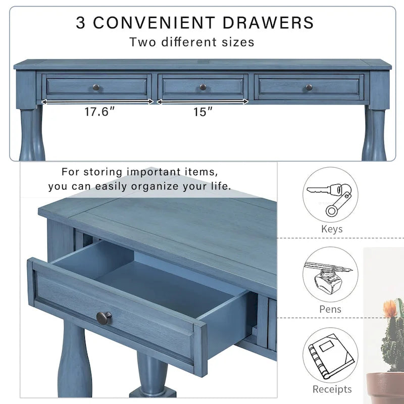 Mediterranean Console Table with 3 Storage Drawers and Open Bottom Shelf for Home Entryway and Hotel