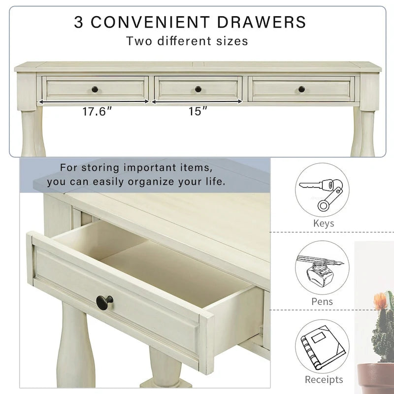 Mediterranean Console Table with 3 Storage Drawers and Open Bottom Shelf for Home Entryway and Hotel