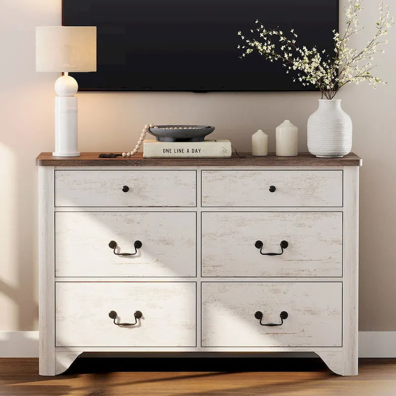 Farmhouse Dresser TV Stand with 6 Drawers for TVs up to 55-inch, Wood Entertainment Center with Storage