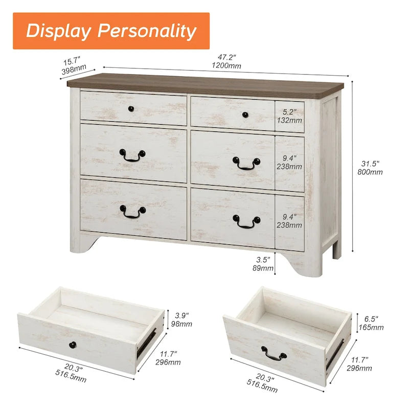 Farmhouse Dresser TV Stand with 6 Drawers for TVs up to 55-inch, Wood Entertainment Center with Storage