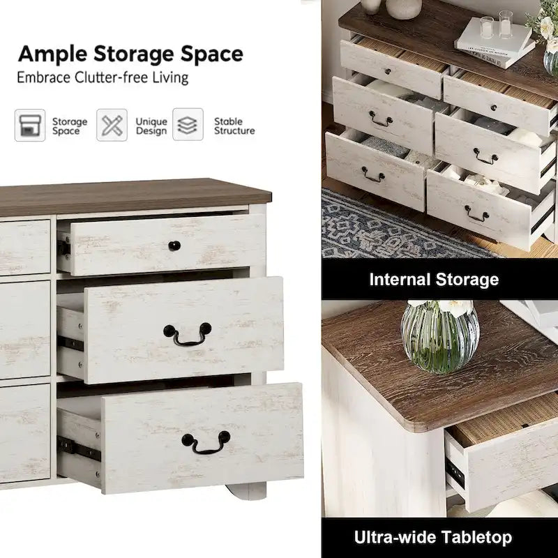 Farmhouse Dresser TV Stand with 6 Drawers for TVs up to 55-inch, Wood Entertainment Center with Storage