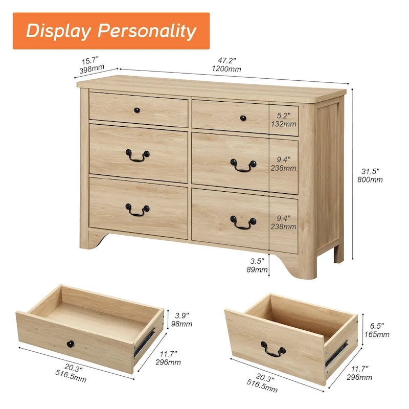 Farmhouse Dresser TV Stand with 6 Drawers for TVs up to 55-inch, Wood Entertainment Center with Storage