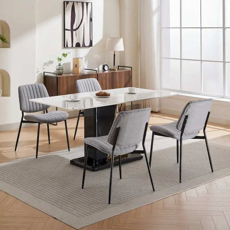 2 Piece Linen Dining Chair Set with Metal Legs, Curved Backrest Dining Room Chair Indoor Lounge Side Chair