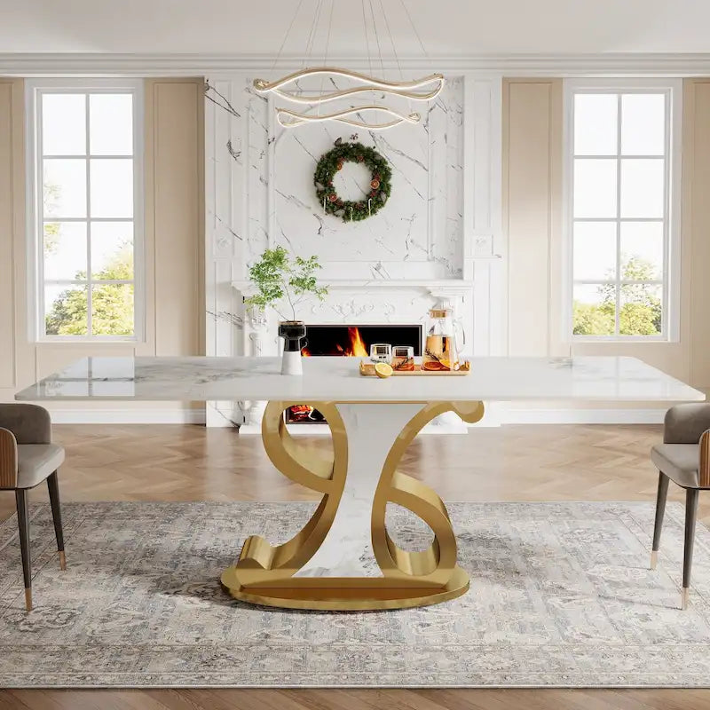 Rectangular Sintered Stone Dining Table with Stainless Steel Base for 8-10