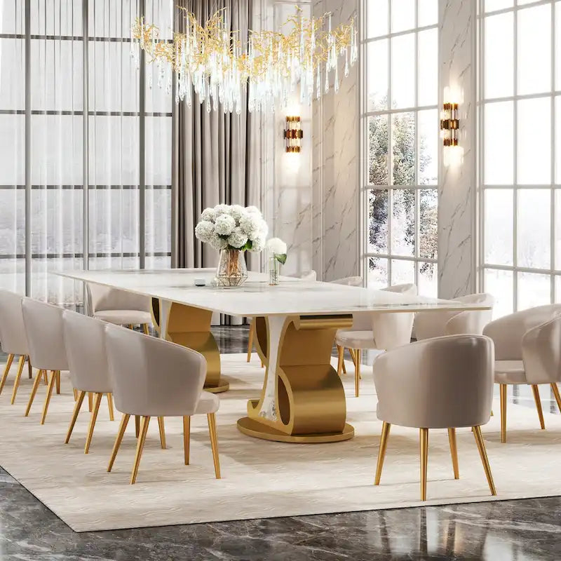 Rectangular Sintered Stone Dining Table with Stainless Steel Base for 8-10