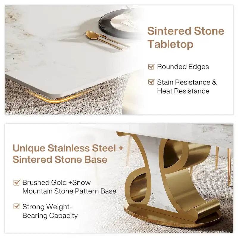 Rectangular Sintered Stone Dining Table with Stainless Steel Base for 8-10