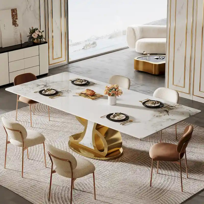 Rectangular Sintered Stone Dining Table with Stainless Steel Base for 8-10