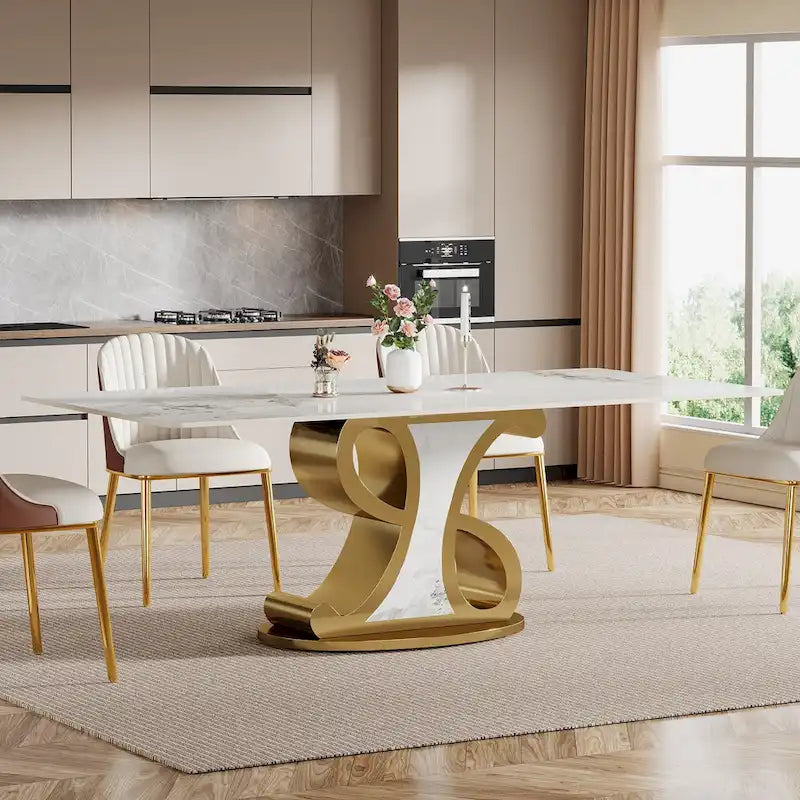 Rectangular Sintered Stone Dining Table with Stainless Steel Base for 8-10