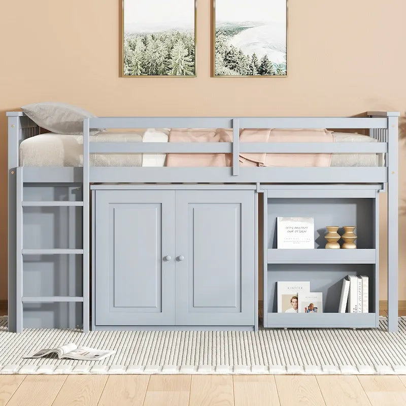 Twin Loft Bed with Pull-Out Desk, 2 Cabinets, 4 Drawers and Shelves