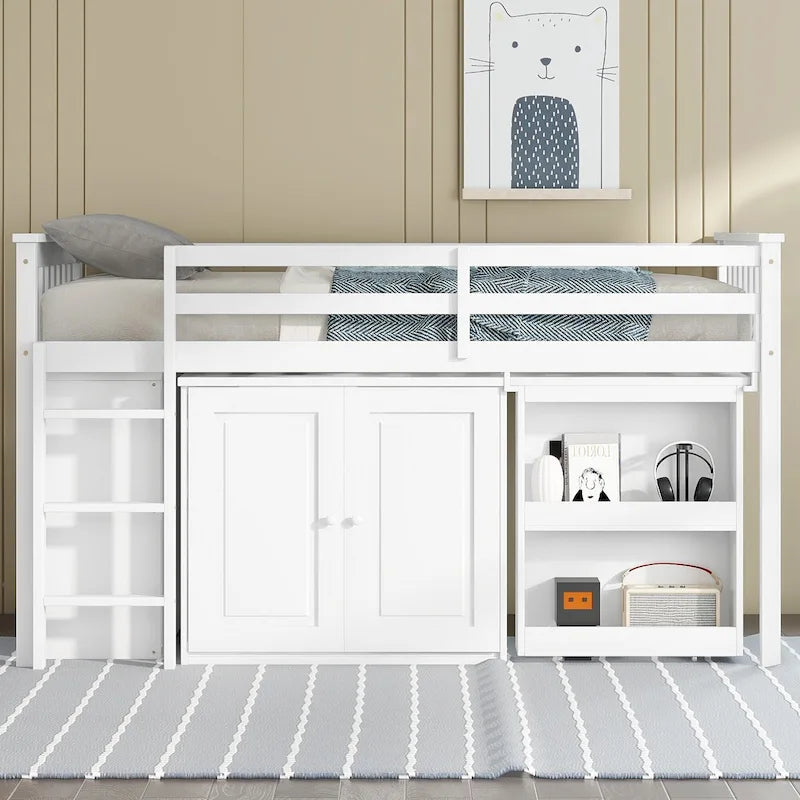Twin Loft Bed with Pull-Out Desk, 2 Cabinets, 4 Drawers and Shelves