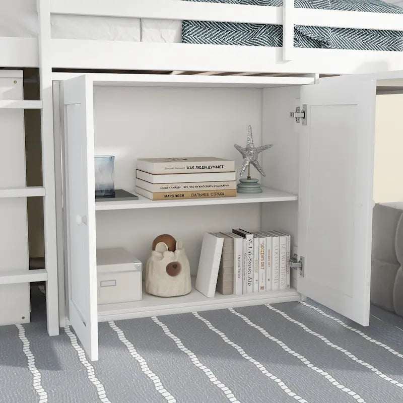 Twin Loft Bed with Pull-Out Desk, 2 Cabinets, 4 Drawers and Shelves