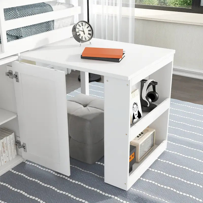 Twin Loft Bed with Pull-Out Desk, 2 Cabinets, 4 Drawers and Shelves