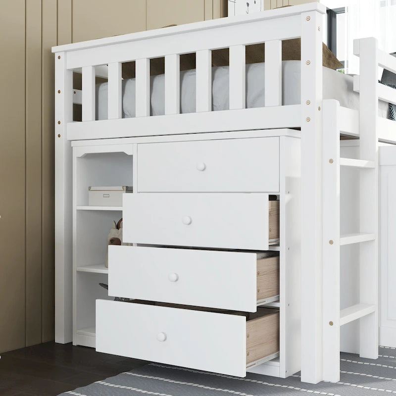 Twin Loft Bed with Pull-Out Desk, 2 Cabinets, 4 Drawers and Shelves