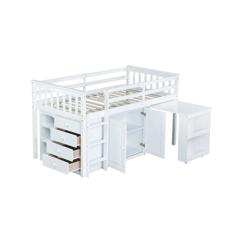 Twin Loft Bed with Pull-Out Desk, 2 Cabinets, 4 Drawers and Shelves