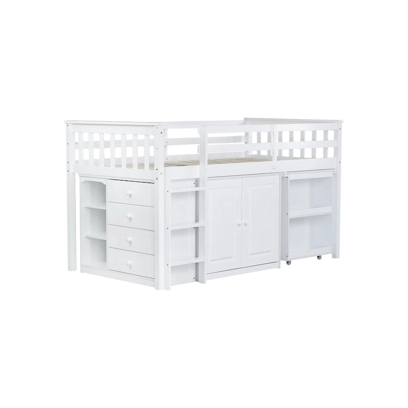 Twin Loft Bed with Pull-Out Desk, 2 Cabinets, 4 Drawers and Shelves