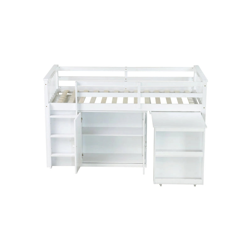 Twin Loft Bed with Pull-Out Desk, 2 Cabinets, 4 Drawers and Shelves