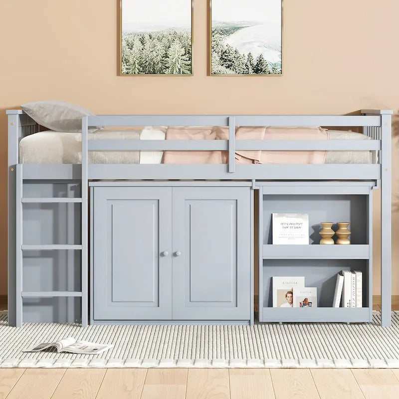 Twin Loft Bed with Pull-Out Desk, 2 Cabinets, 4 Drawers and Shelves