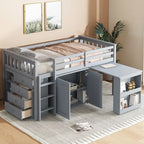 Twin Loft Bed with Pull-Out Desk, 2 Cabinets, 4 Drawers and Shelves