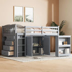 Twin Loft Bed with Pull-Out Desk, 2 Cabinets, 4 Drawers and Shelves