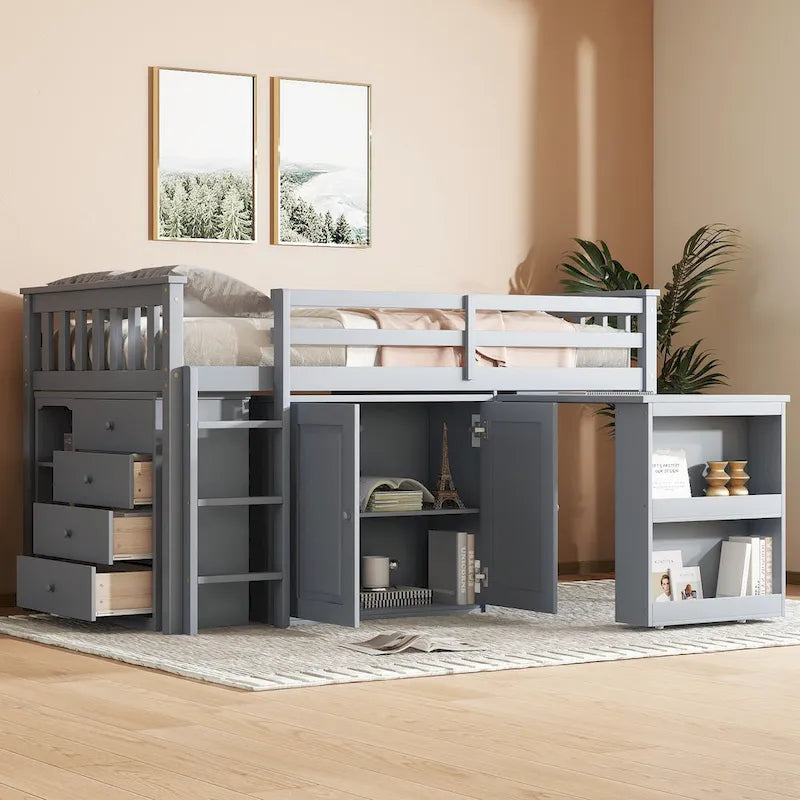 Twin Loft Bed with Pull-Out Desk, 2 Cabinets, 4 Drawers and Shelves