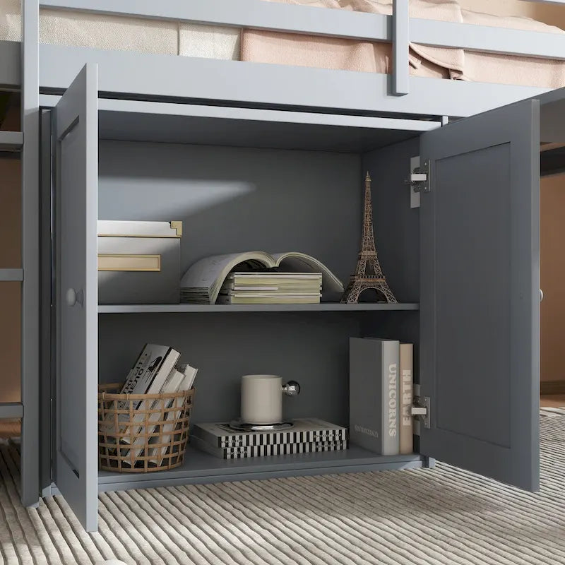 Twin Loft Bed with Pull-Out Desk, 2 Cabinets, 4 Drawers and Shelves