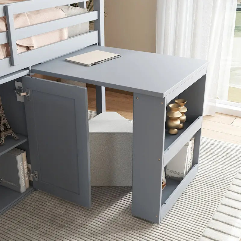 Twin Loft Bed with Pull-Out Desk, 2 Cabinets, 4 Drawers and Shelves