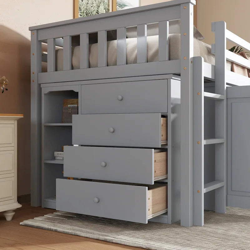 Twin Loft Bed with Pull-Out Desk, 2 Cabinets, 4 Drawers and Shelves