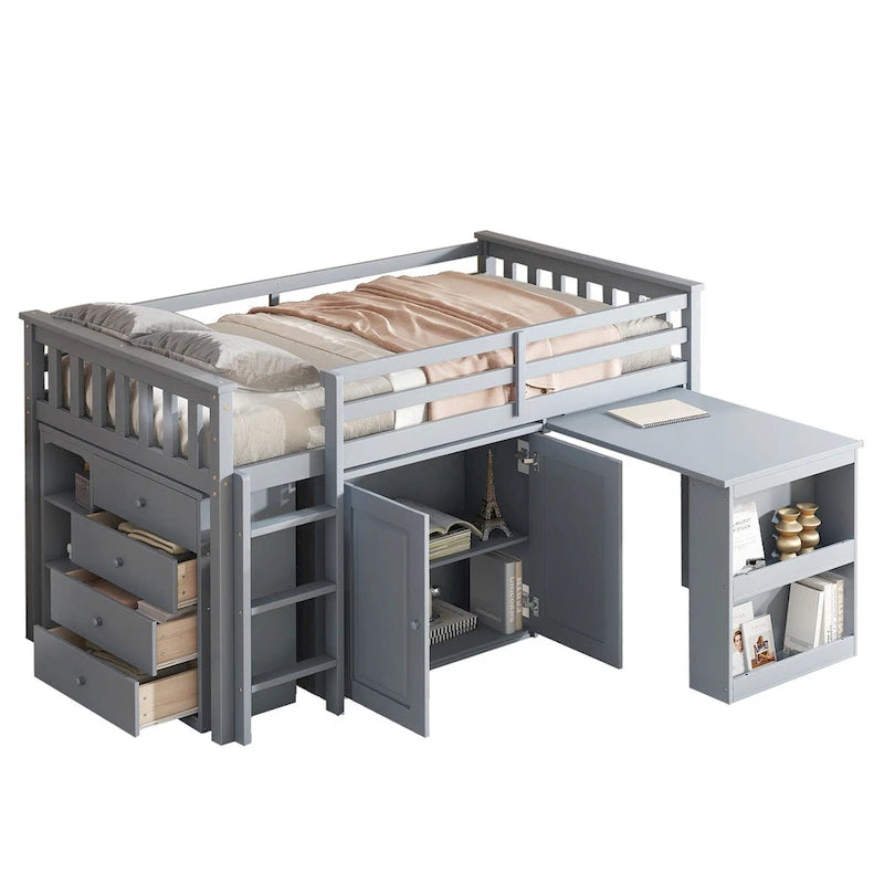 Twin Loft Bed with Pull-Out Desk, 2 Cabinets, 4 Drawers and Shelves