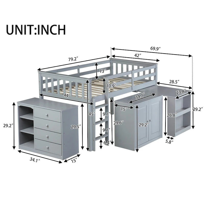 Twin Loft Bed with Pull-Out Desk, 2 Cabinets, 4 Drawers and Shelves