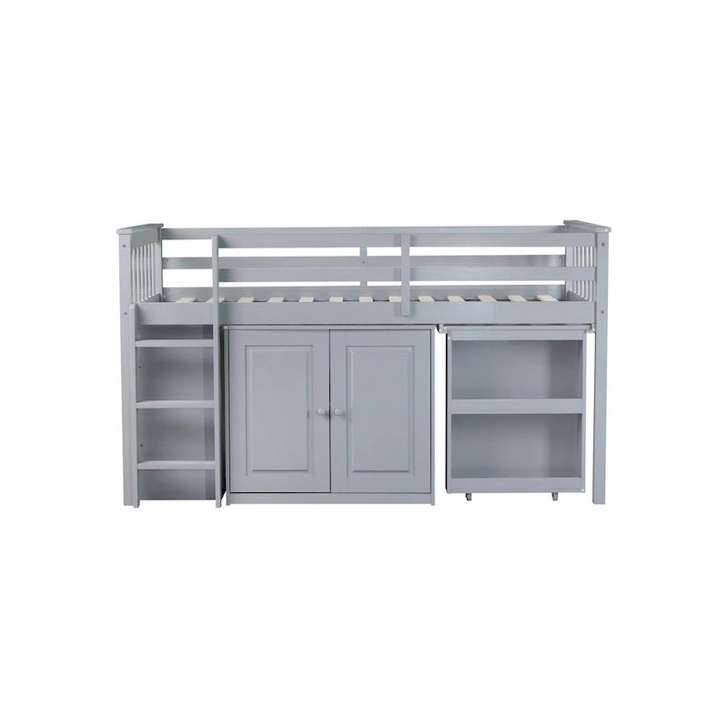 Twin Loft Bed with Pull-Out Desk, 2 Cabinets, 4 Drawers and Shelves