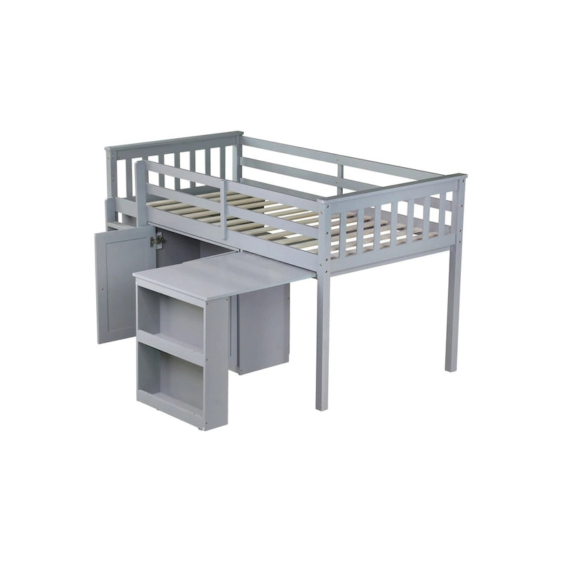 Twin Loft Bed with Pull-Out Desk, 2 Cabinets, 4 Drawers and Shelves