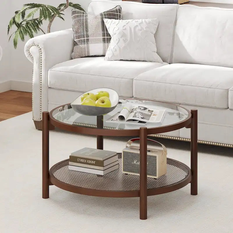 Wooden 31 Round Coffee Table with Tempered Glass Top Handmade - Cherry+transparent
