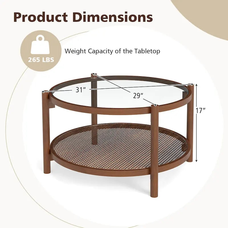 Wooden 31 Round Coffee Table with Tempered Glass Top Handmade - Cherry+transparent