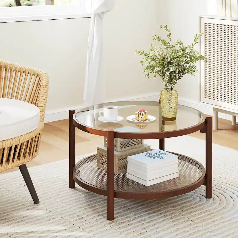 Wooden 31 Round Coffee Table with Tempered Glass Top Handmade - Cherry+transparent