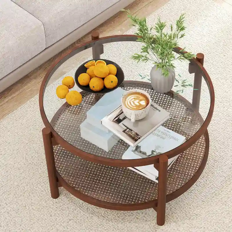 Wooden 31 Round Coffee Table with Tempered Glass Top Handmade - Cherry+transparent