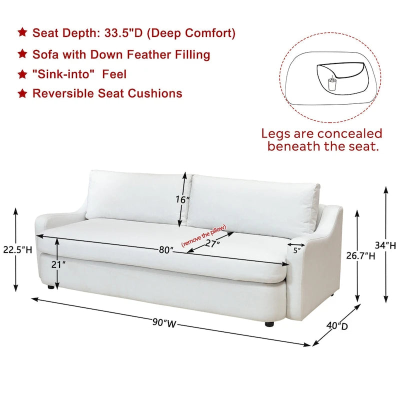 3-Seater Linen Upholstered Deep Seat Sofa with Flippable Cushions, 90W