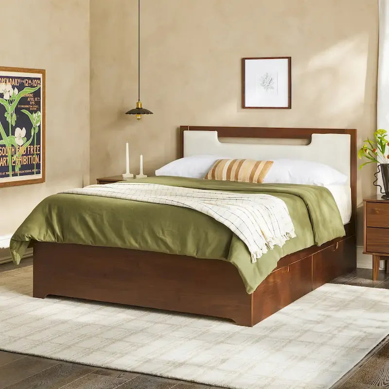 Mid Century Modern Solid Wood Storage Platform Bed