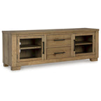 TV Media Console, 2 Drawers, 4 Shelf, Brown Wood, 80-inch
