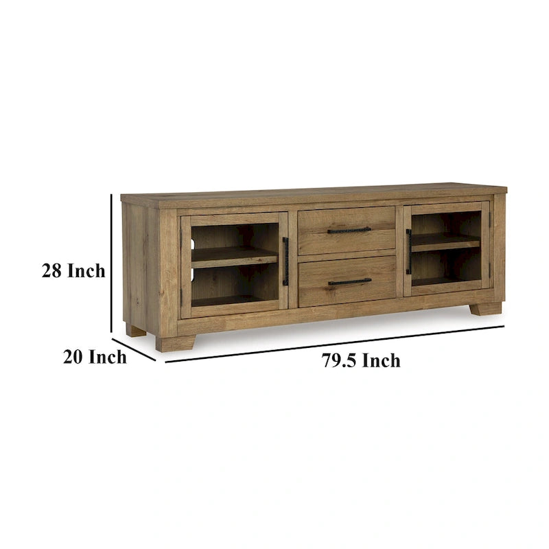 TV Media Console, 2 Drawers, 4 Shelf, Brown Wood, 80-inch