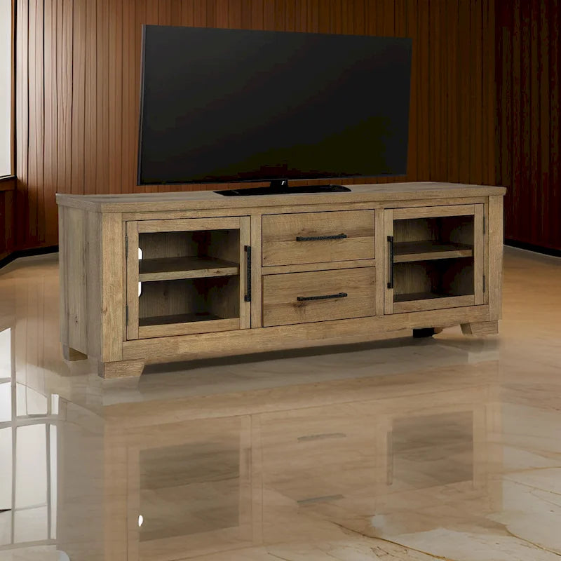 TV Media Console, 2 Drawers, 4 Shelf, Brown Wood, 80-inch