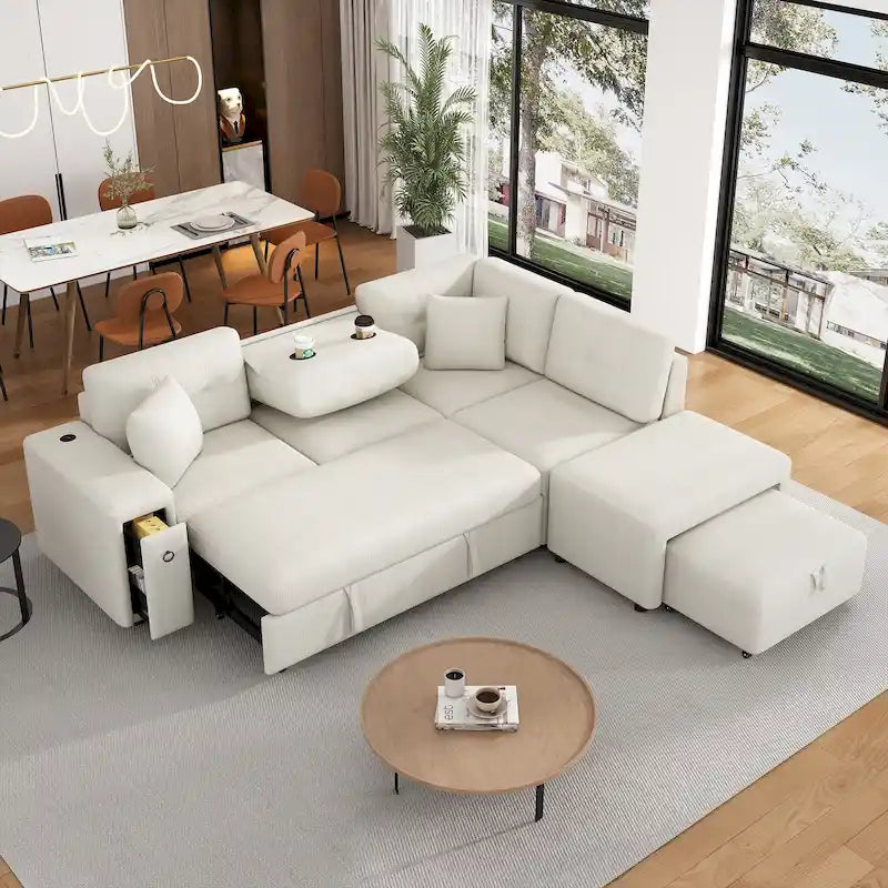 Sectional Sofa L-Shaped Pull-Out Bed with Movable Ottoman, Two USB Ports, and Cup Holders for Living Room