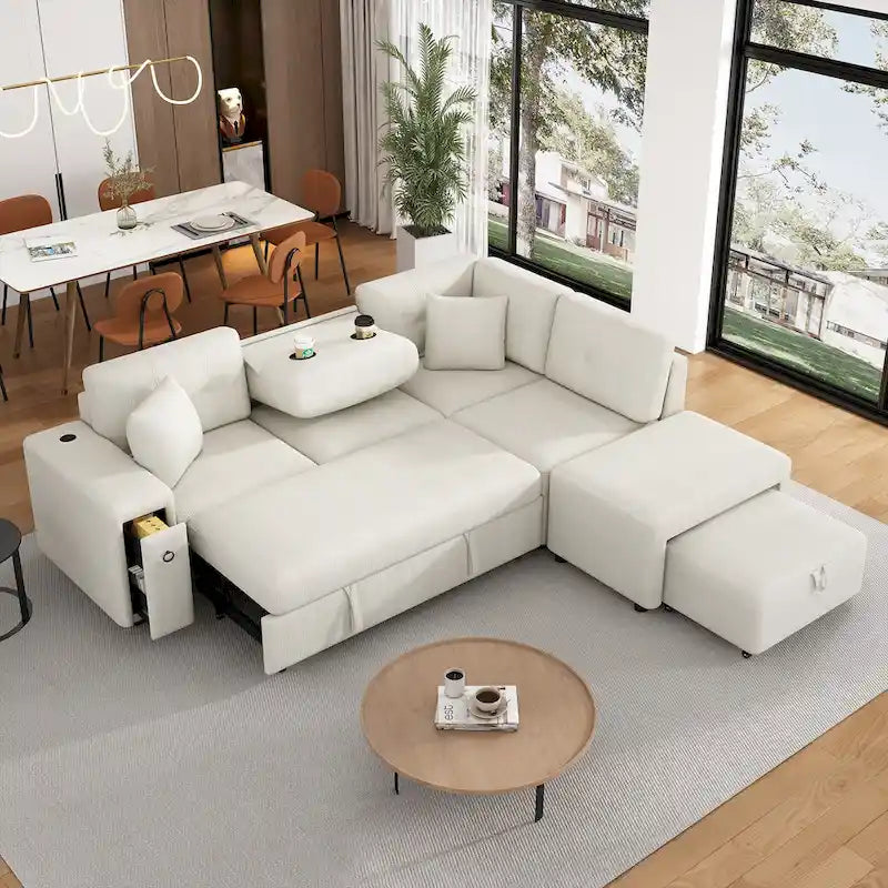 Sectional Sofa L-Shaped Pull-Out Bed with Movable Ottoman, Two USB Ports, and Cup Holders for Living Room