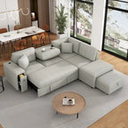 Sectional Sofa L-Shaped Pull-Out Bed with Movable Ottoman, Two USB Ports, and Cup Holders for Living Room
